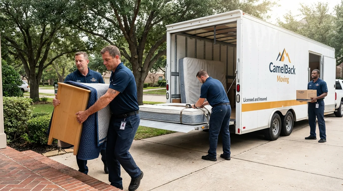 Crew loading residential truck for cross-state move from Guadalupe, CA