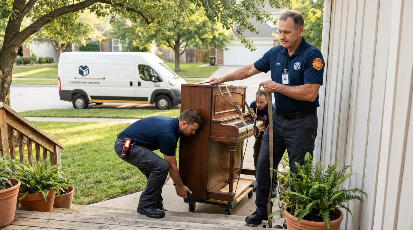 Licensed piano movers securing grand piano in Guadalupe, CA