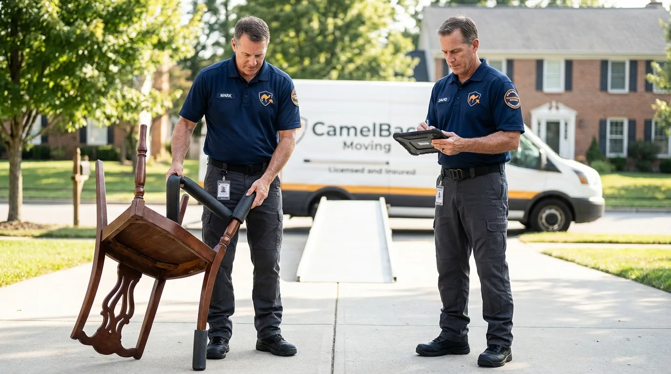 Movers inspecting furniture for damage prevention before loading in Guadalupe, CA