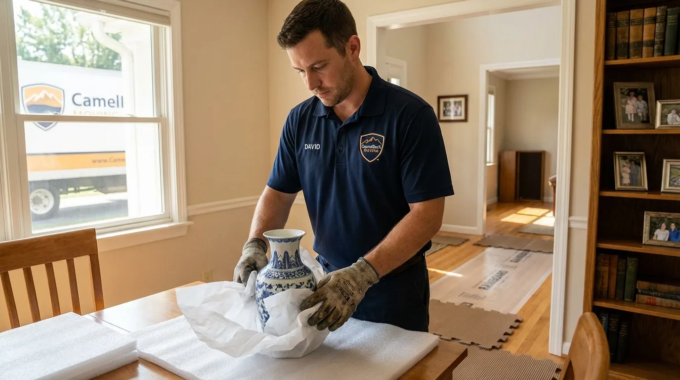 Professional crew carefully wrapping antique vase for senior downsizing move in Guadalupe, CA